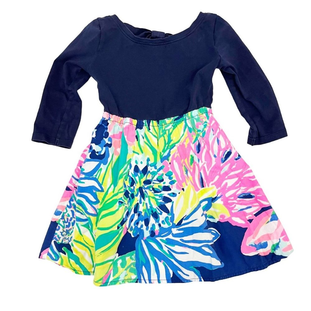 Lilly Pulitzer Mochi Dress High Tide Navy Blue Print Long Sleeve Girls Size XS